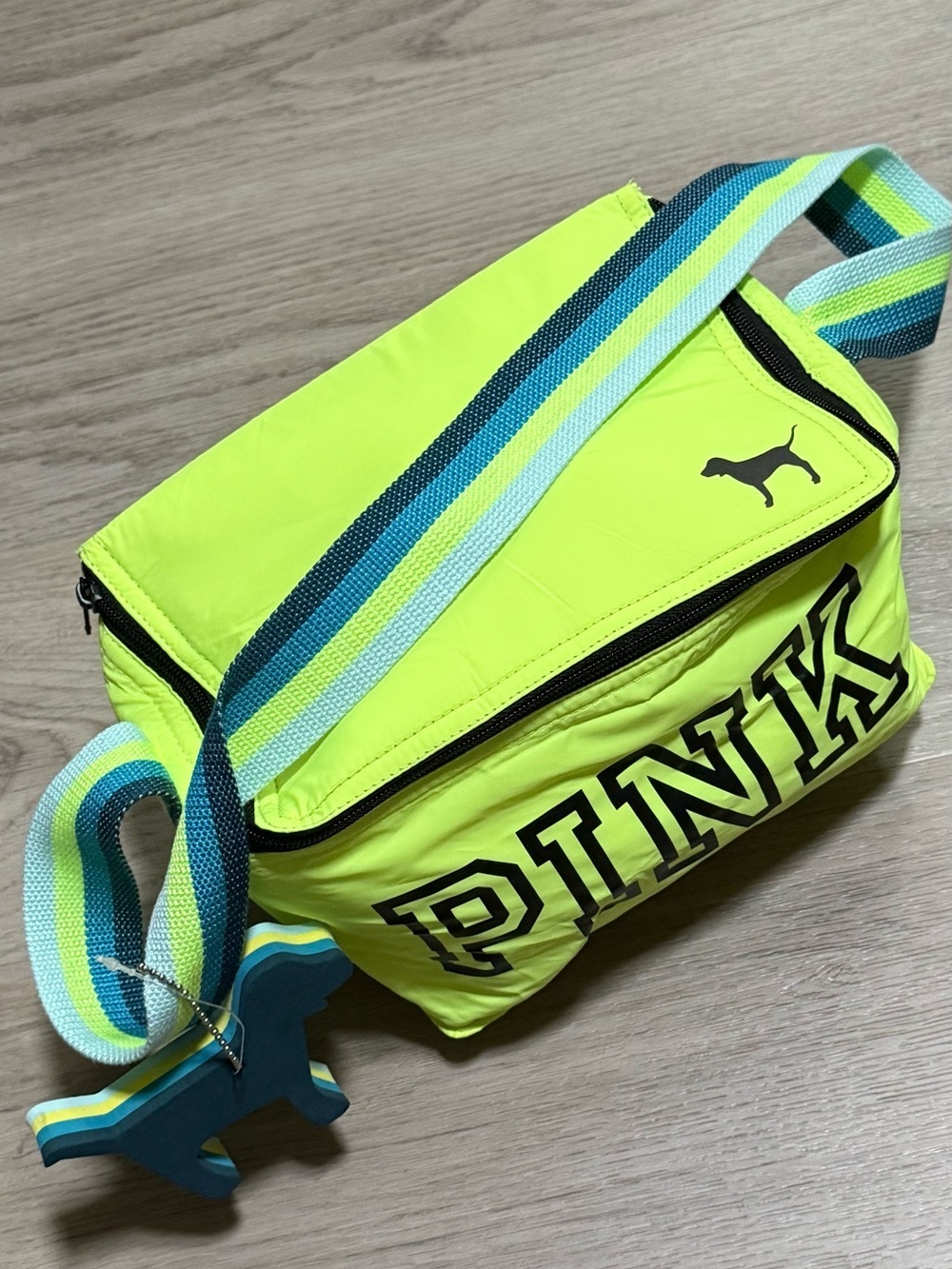 PINK Victoria's Secret Neon Yellow Crossbody with Striped Blue Strap